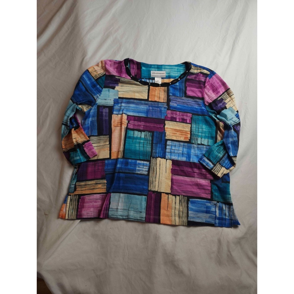 Alfred‎ Dunner Blouse Top Womens PM Multicolor Geometric Patchwork 3/4 Sleeves